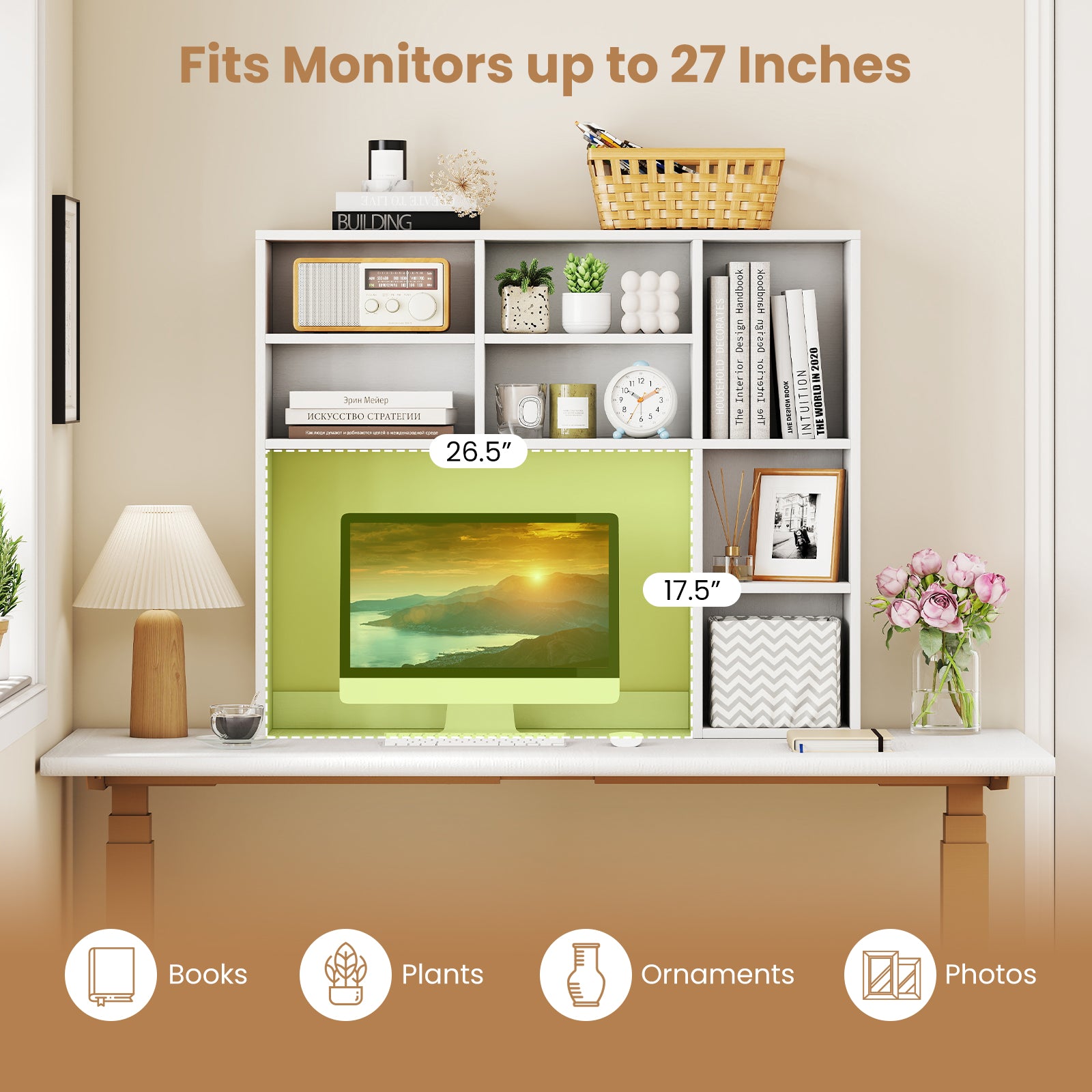 Desktop Bookshelf with 7 Open Cubbies and 3 Adjustable Shelves-White