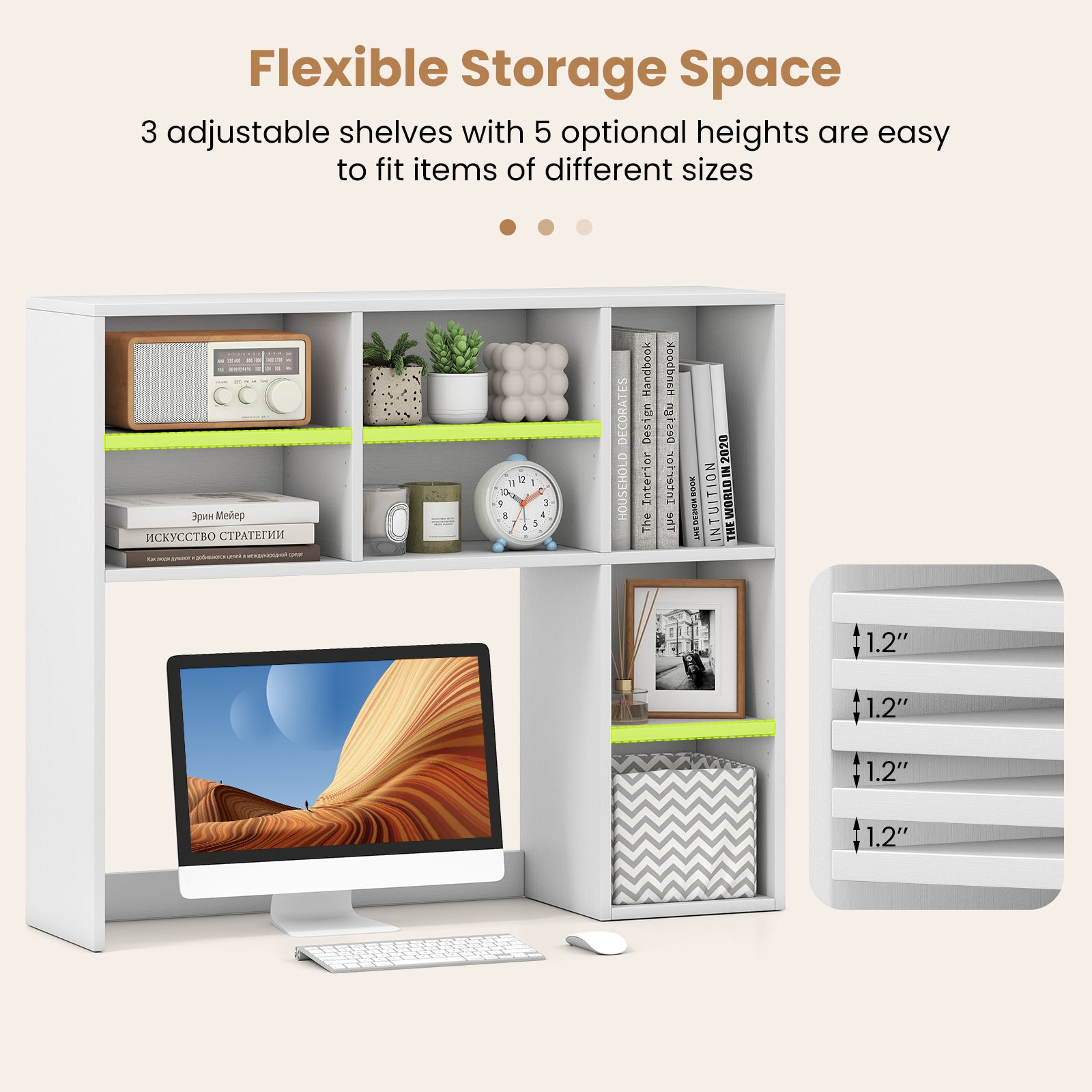 Desktop Bookshelf with 7 Open Cubbies and 3 Adjustable Shelves-White