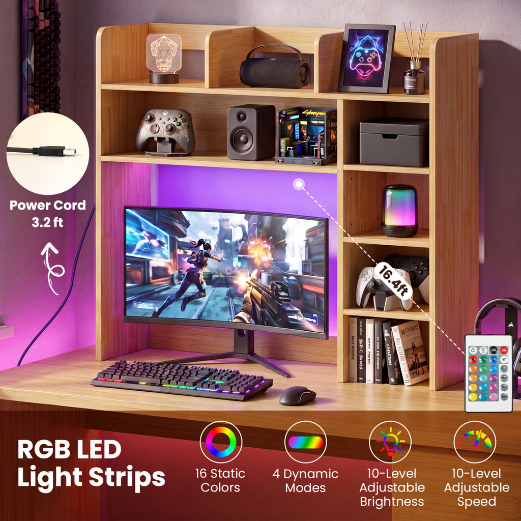 Desktop Bookshelf with LED Lights 35.5 inch Desk Hutch Storage Organizer-Beige