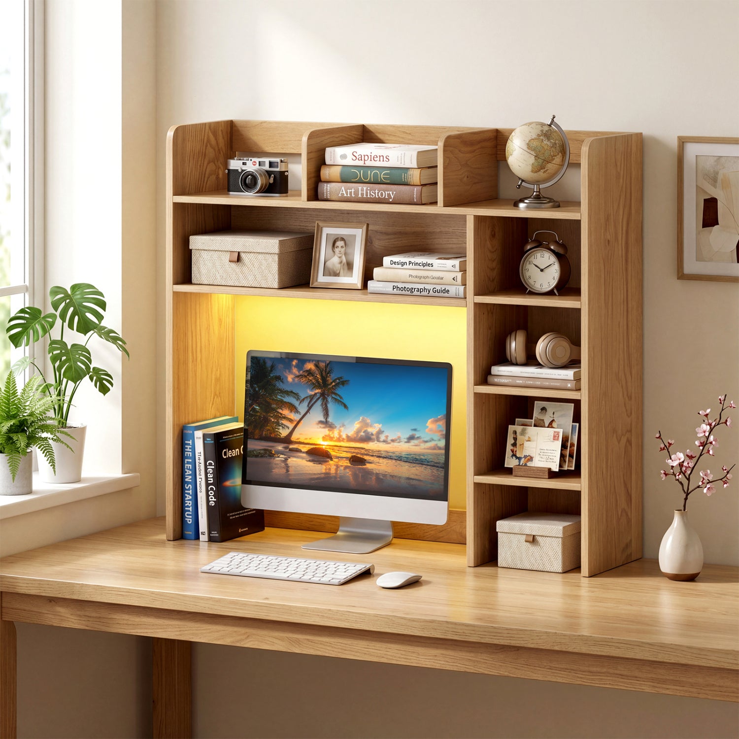 Desktop Bookshelf with LED Lights 35.5 inch Desk Hutch Storage Organizer-Natural
