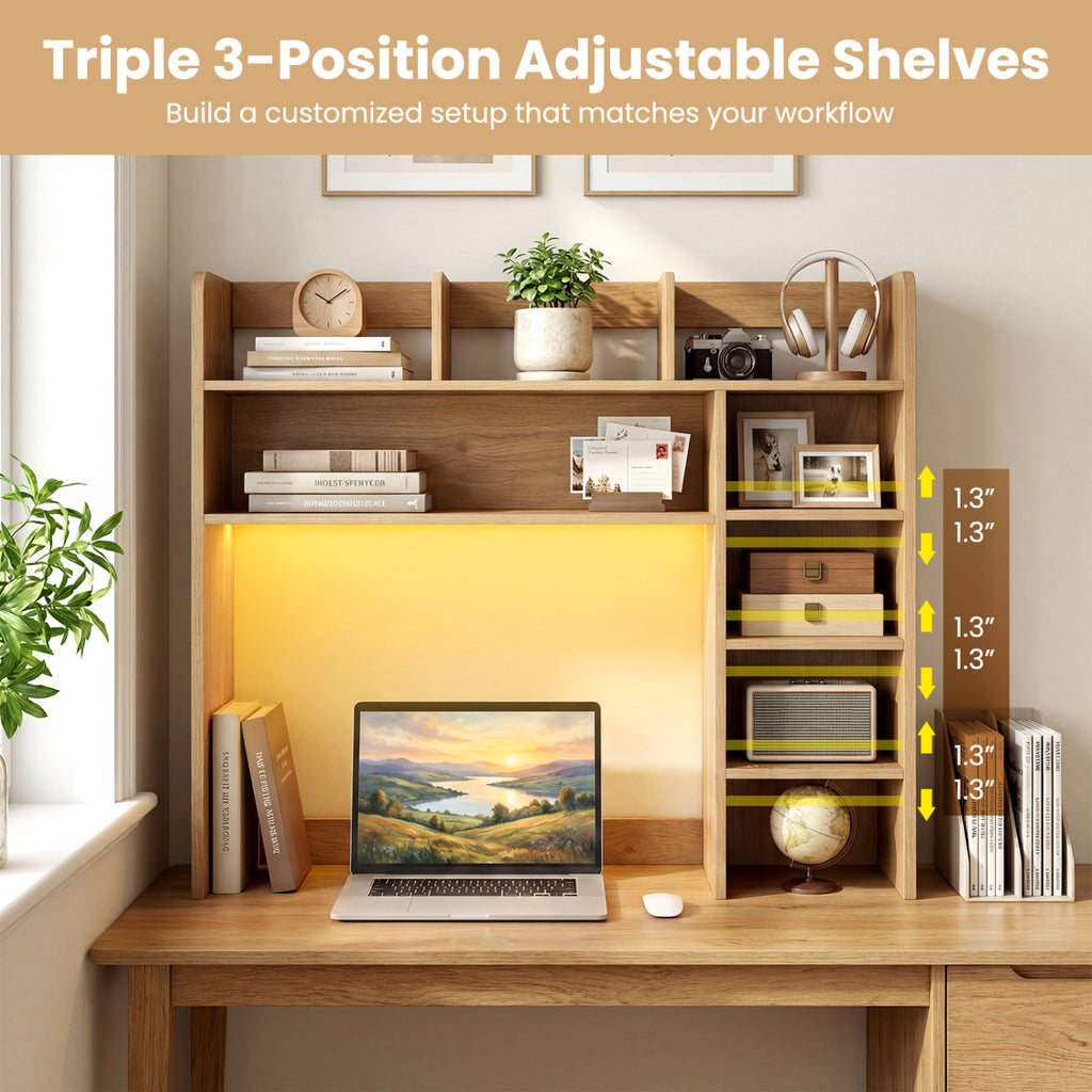 Desktop Bookshelf with LED Lights 35.5 inch Desk Hutch Storage Organizer-Natural