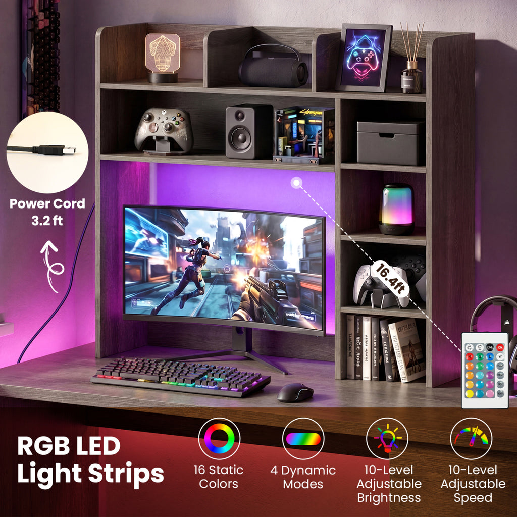 Desktop Bookshelf with LED Lights 35.5 inch Desk Hutch Storage Organizer-Oak