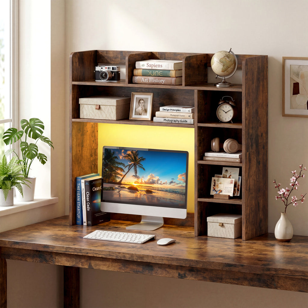 Desktop Bookshelf with LED Lights 35.5 inch Desk Hutch Storage Organizer-Rustic Brown