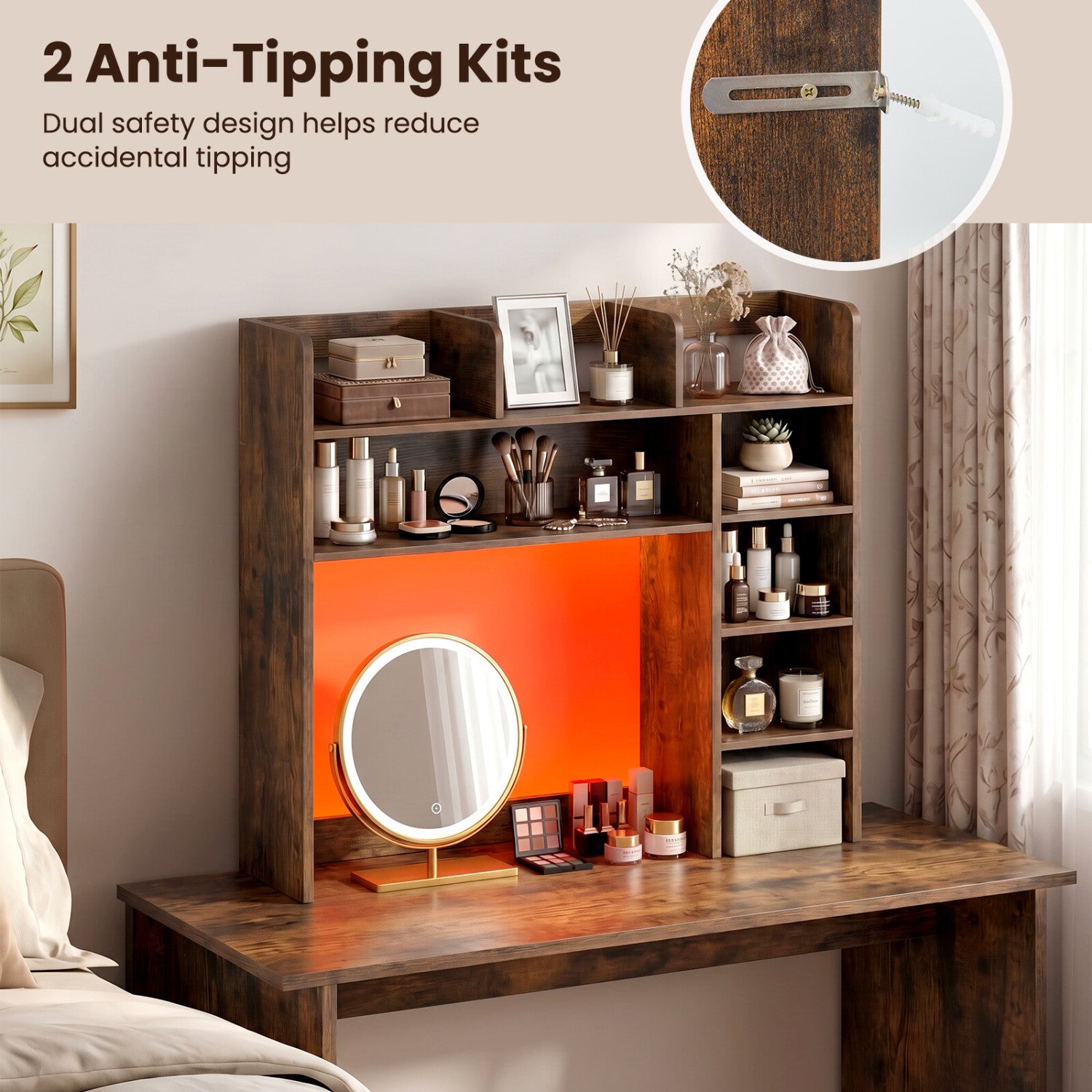 Desktop Bookshelf with LED Lights 35.5 inch Desk Hutch Storage Organizer-Rustic Brown