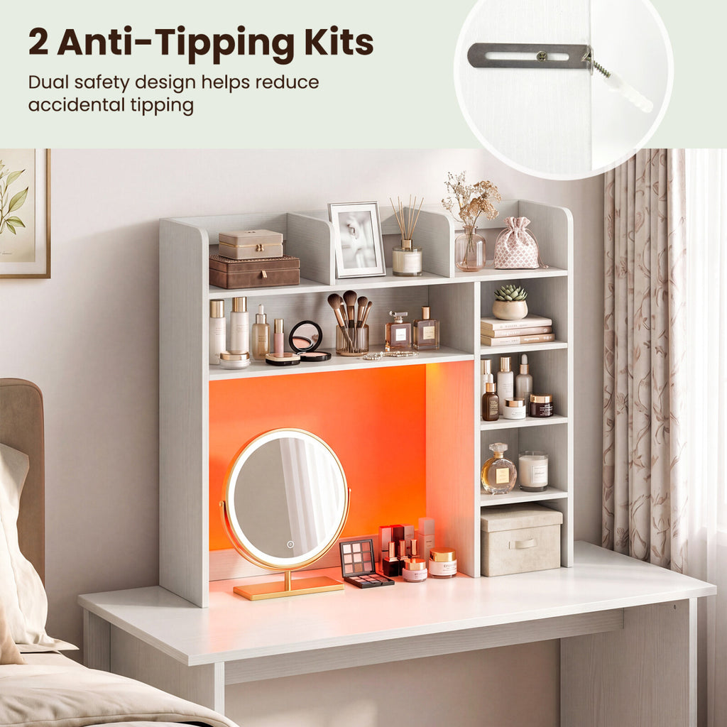Desktop Bookshelf with LED Lights 35.5 inch Desk Hutch Storage Organizer-White