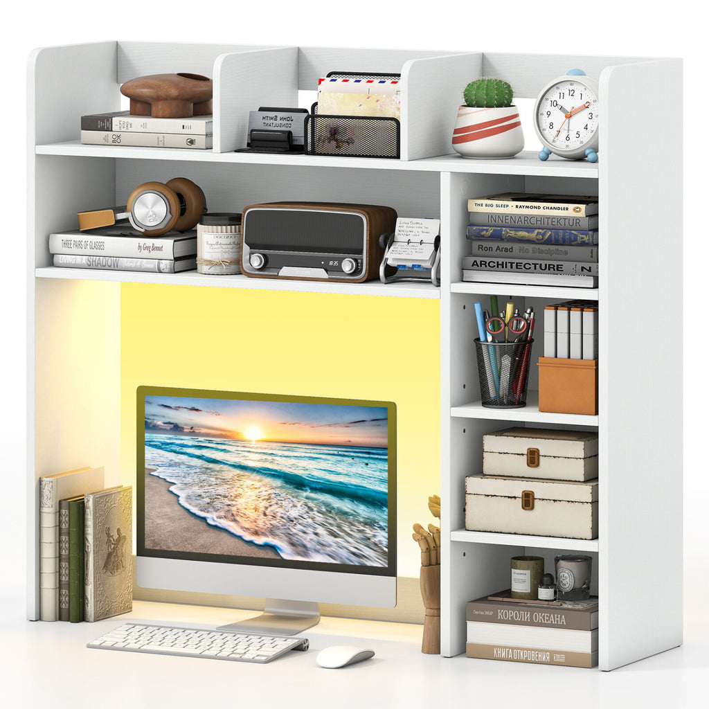 Desktop Bookshelf with LED Lights 35.5 inch Desk Hutch Storage Organizer-White