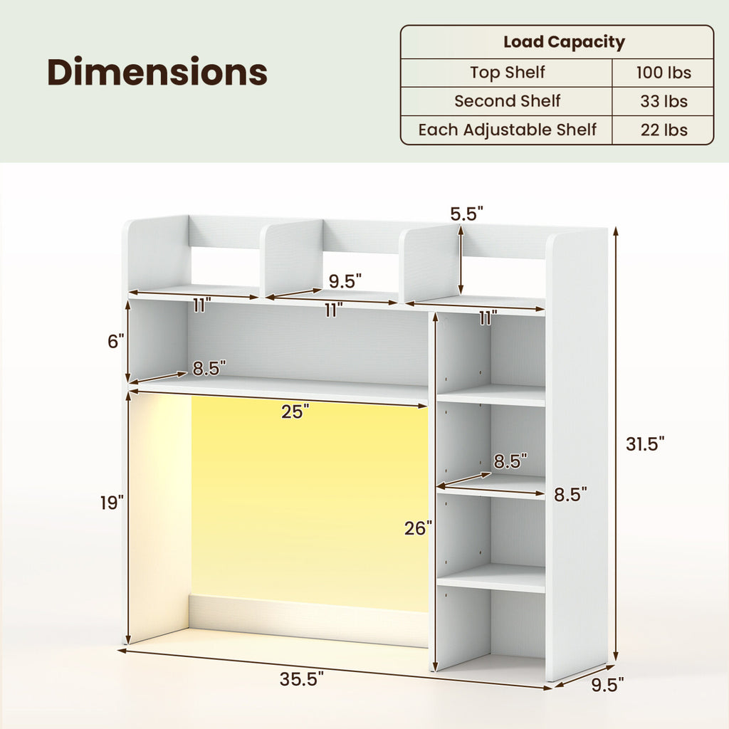Desktop Bookshelf with LED Lights 35.5 inch Desk Hutch Storage Organizer-White