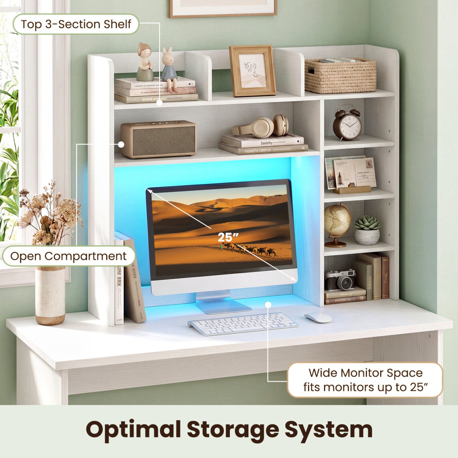 Desktop Bookshelf with LED Lights 35.5 inch Desk Hutch Storage Organizer-White