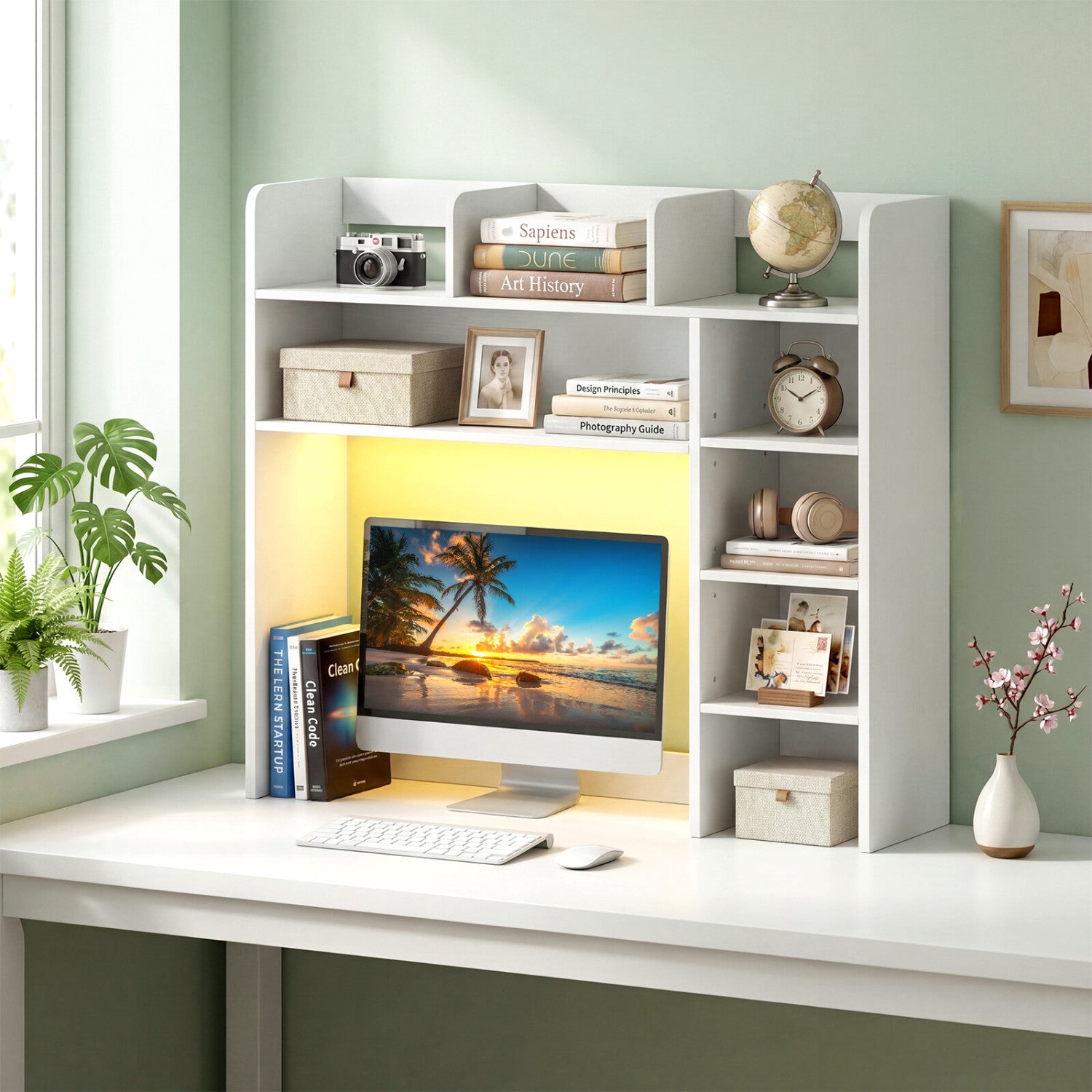 Desktop Bookshelf with LED Lights 35.5 inch Desk Hutch Storage Organizer-White