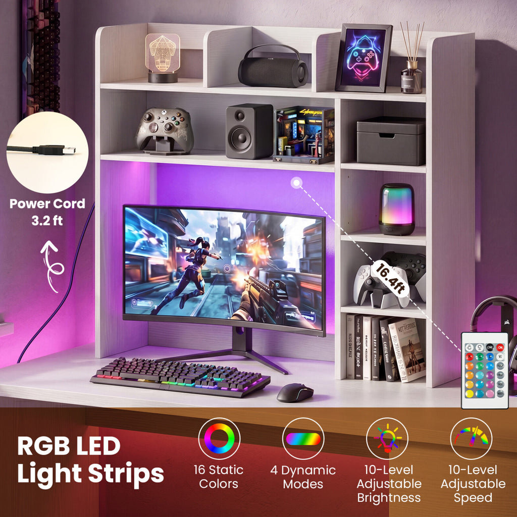 Desktop Bookshelf with LED Lights 35.5 inch Desk Hutch Storage Organizer-White