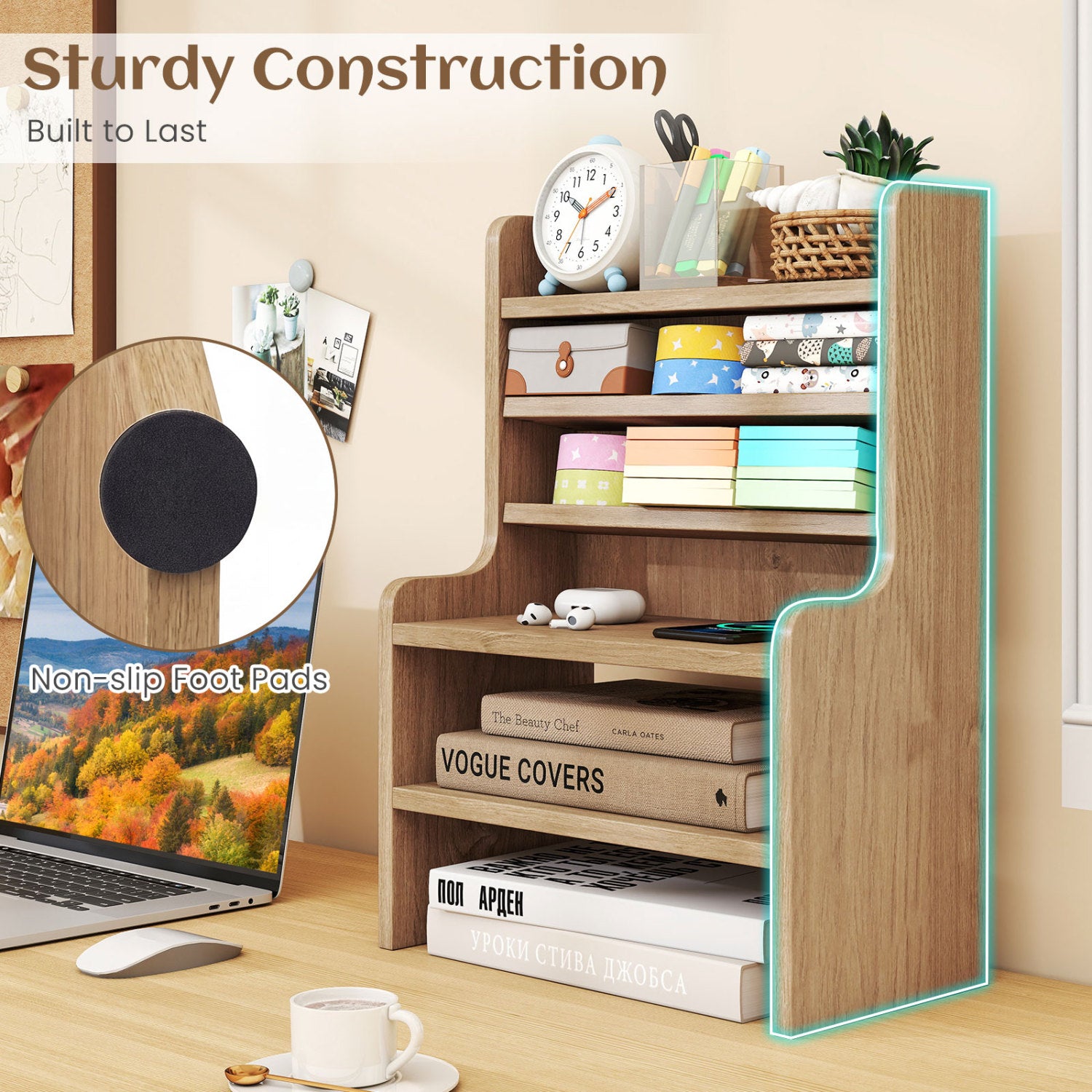 Desktop Organizer 6-Tier Mini Storage Rack with 2 Removable Shelves-Natural