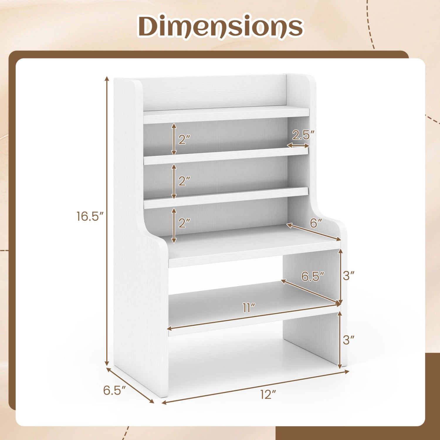 Desktop Organizer 6-Tier Mini Storage Rack with 2 Removable Shelves-White