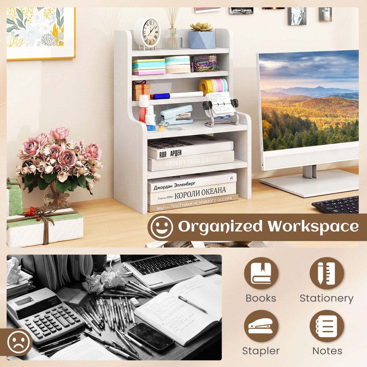 Desktop Organizer 6-Tier Mini Storage Rack with 2 Removable Shelves-White