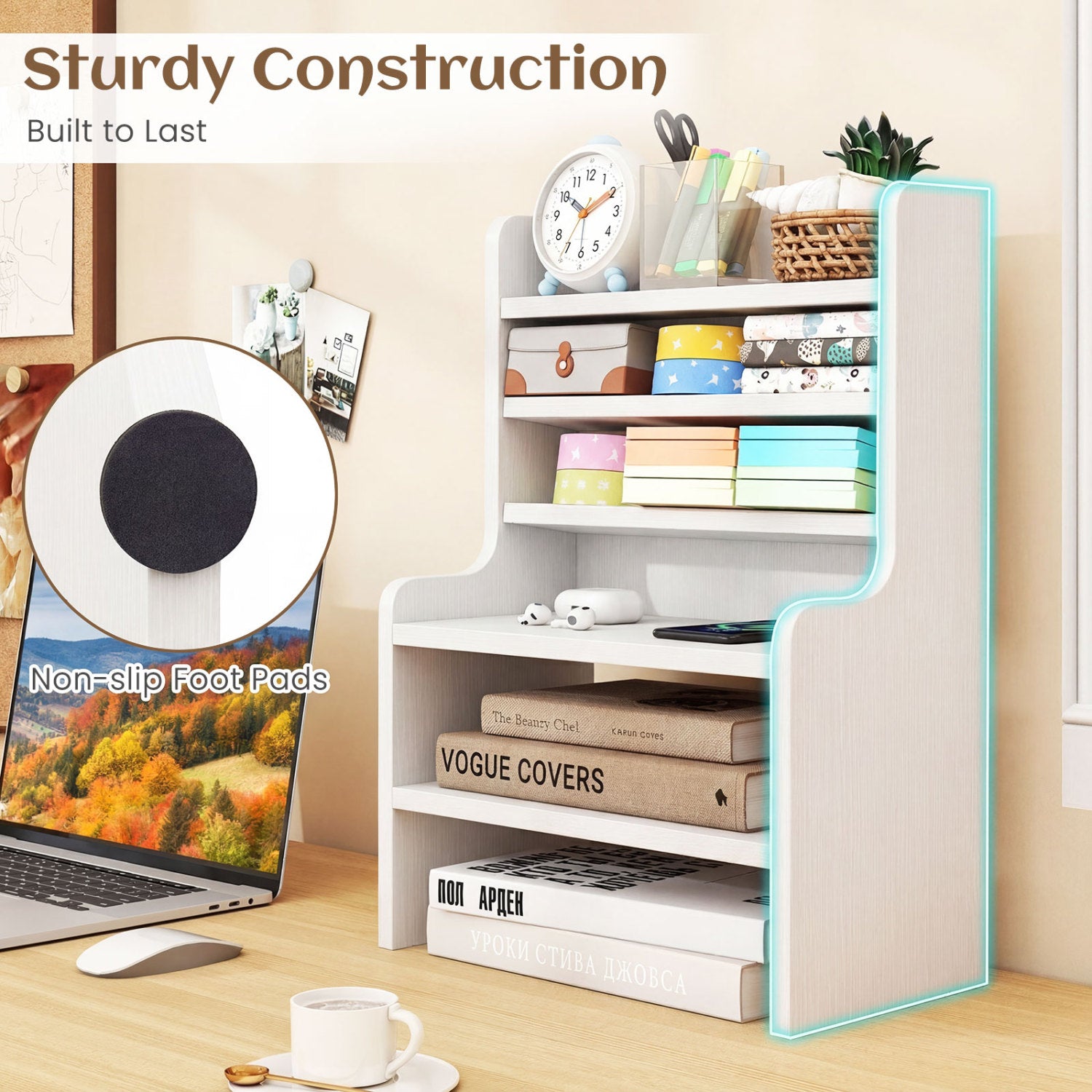 Desktop Organizer 6-Tier Mini Storage Rack with 2 Removable Shelves-White