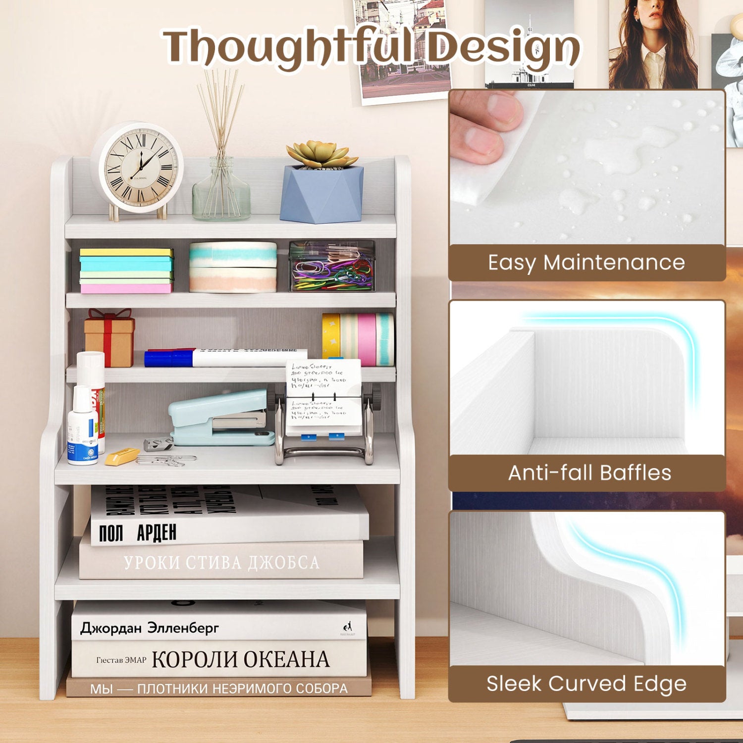 Desktop Organizer 6-Tier Mini Storage Rack with 2 Removable Shelves-White