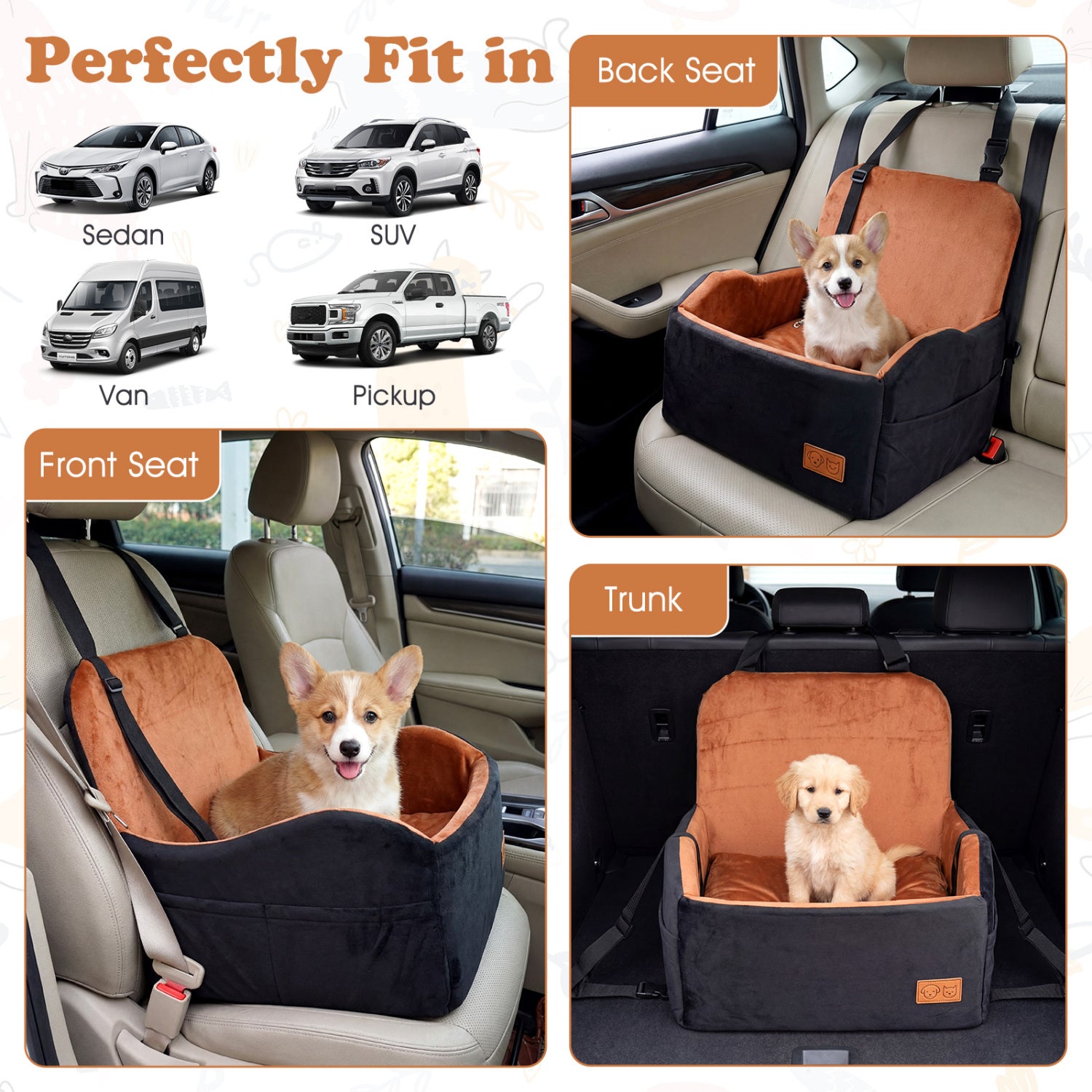 Detachable Dog Booster Car Seat Fits Front and Back Seat
