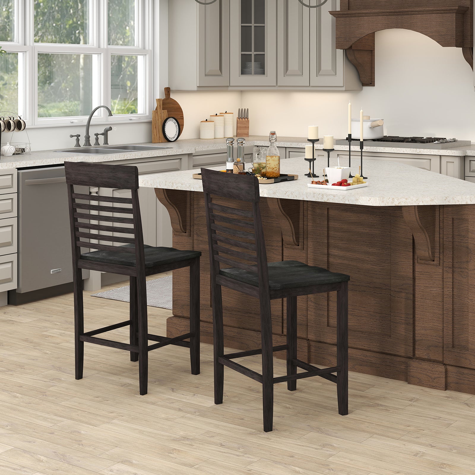 Dining Chair Set of 2 with Footrests and Solid Wood Frame-Gray