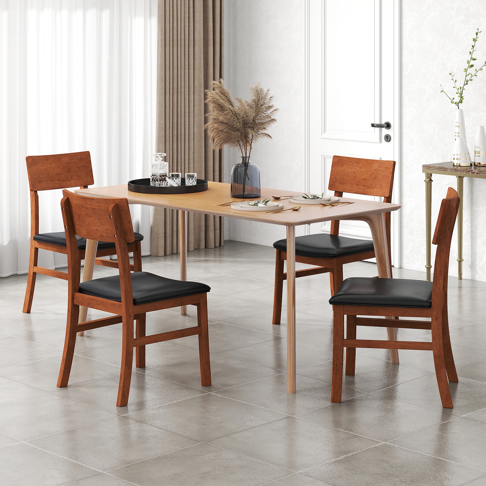Dining Chairs Set of 2 with Rubber Wood Legs and Faux Leather Upholstered Seat-Black