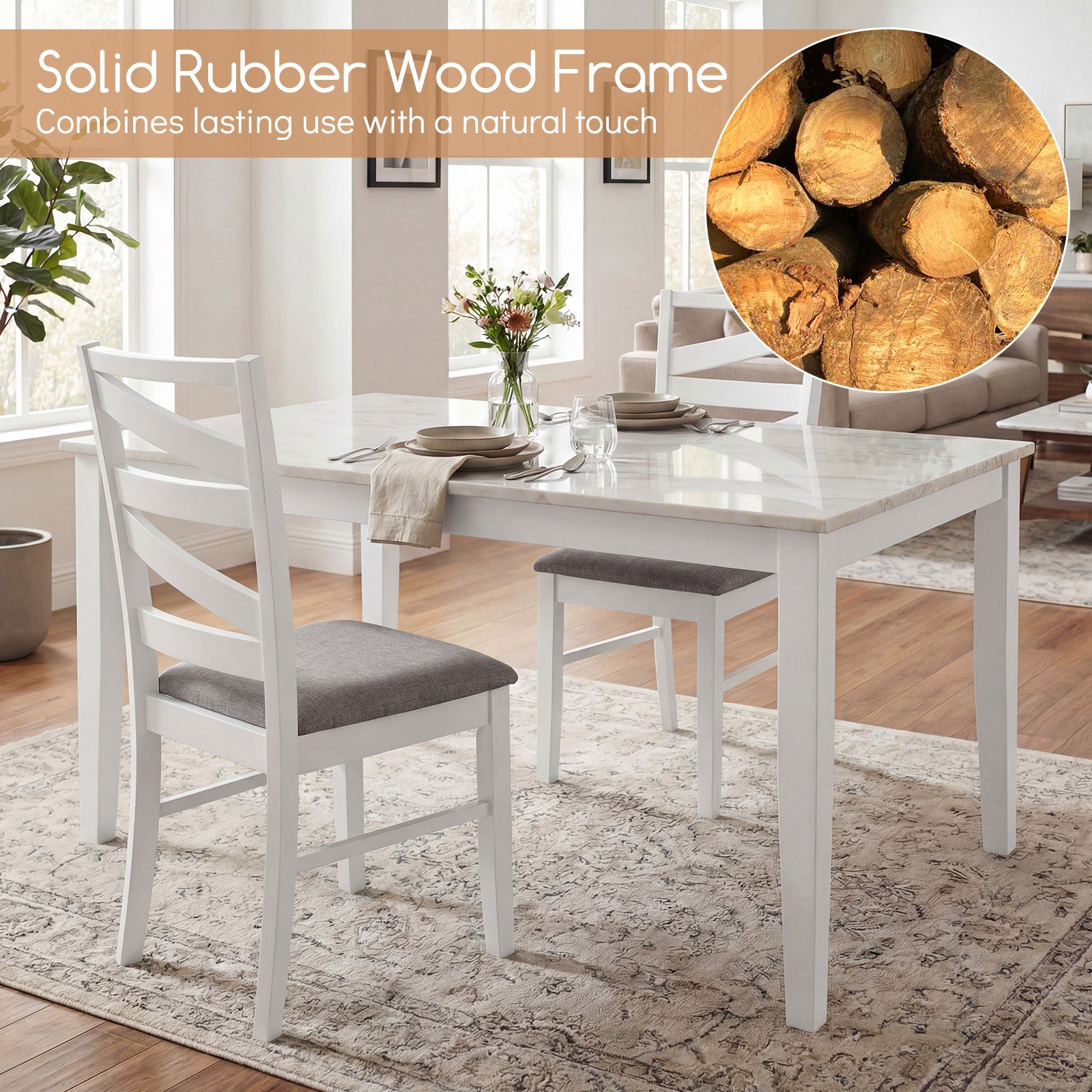Dining Chairs Set of 2 with Backrests and Rubber Wood Frames-White