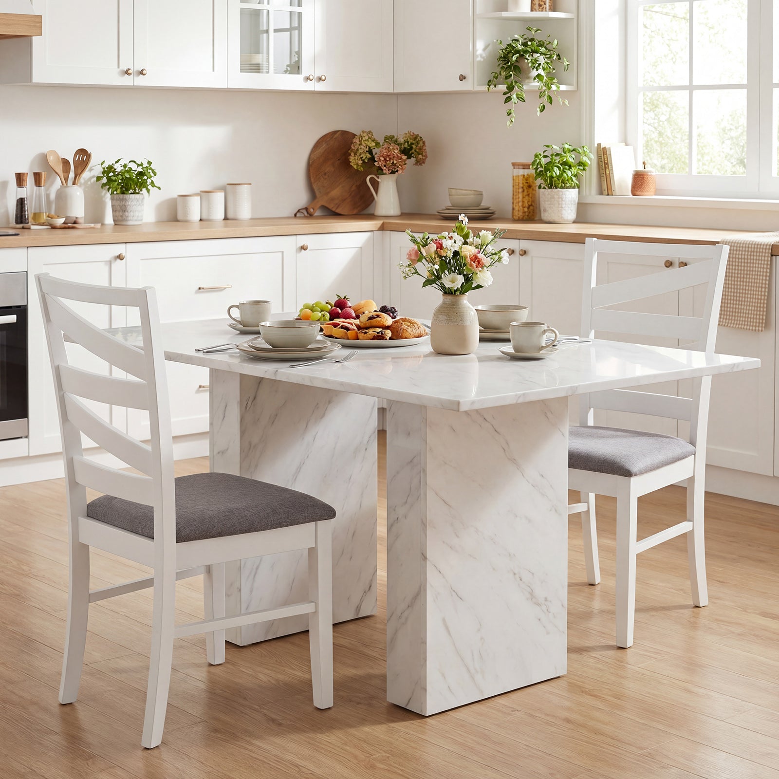 Dining Chairs Set of 4 with Backrests and Rubber Wood Frames-White