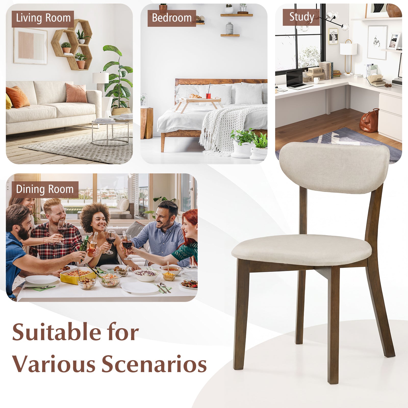 Dining Chairs Set of 2 Upholstered Mid-Back Chairs with Solid Rubber Wood Frame-White