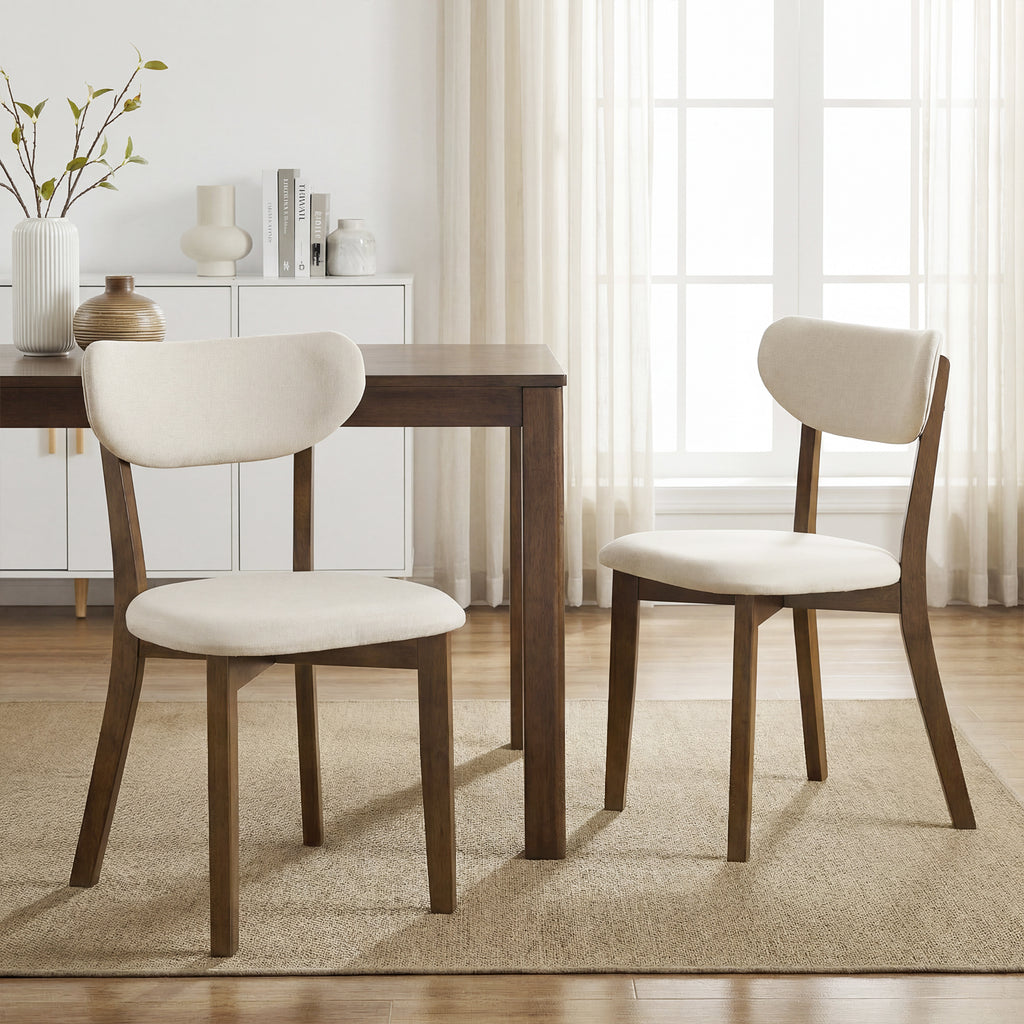 Dining Chairs Set of 2 Upholstered Mid-Back Chairs with Solid Rubber Wood Frame-White