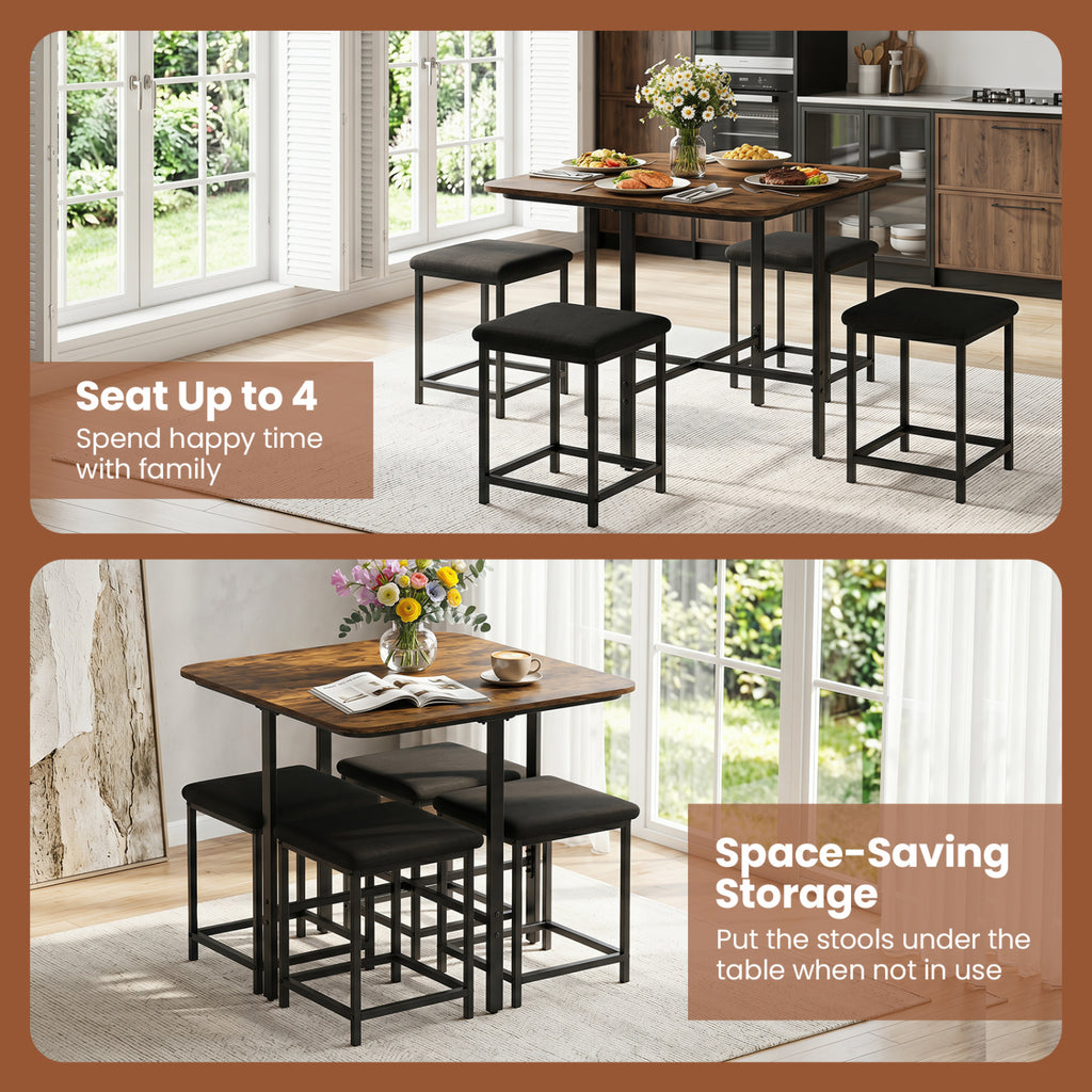 Dining Table Set with 4 Upholstered Stools and Metal Frame-Rustic Brown