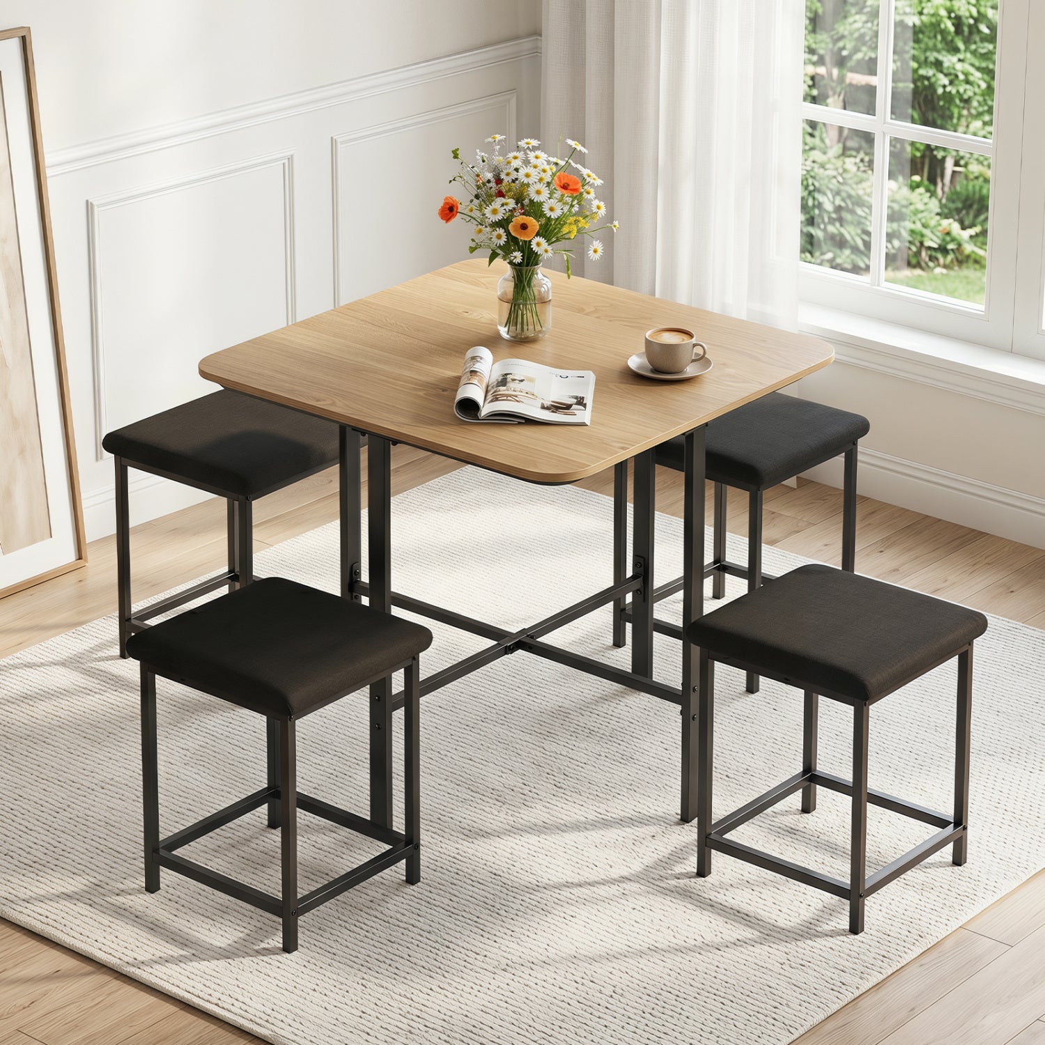 Dining Table Set with 4 Upholstered Stools and Metal Frame-Natural