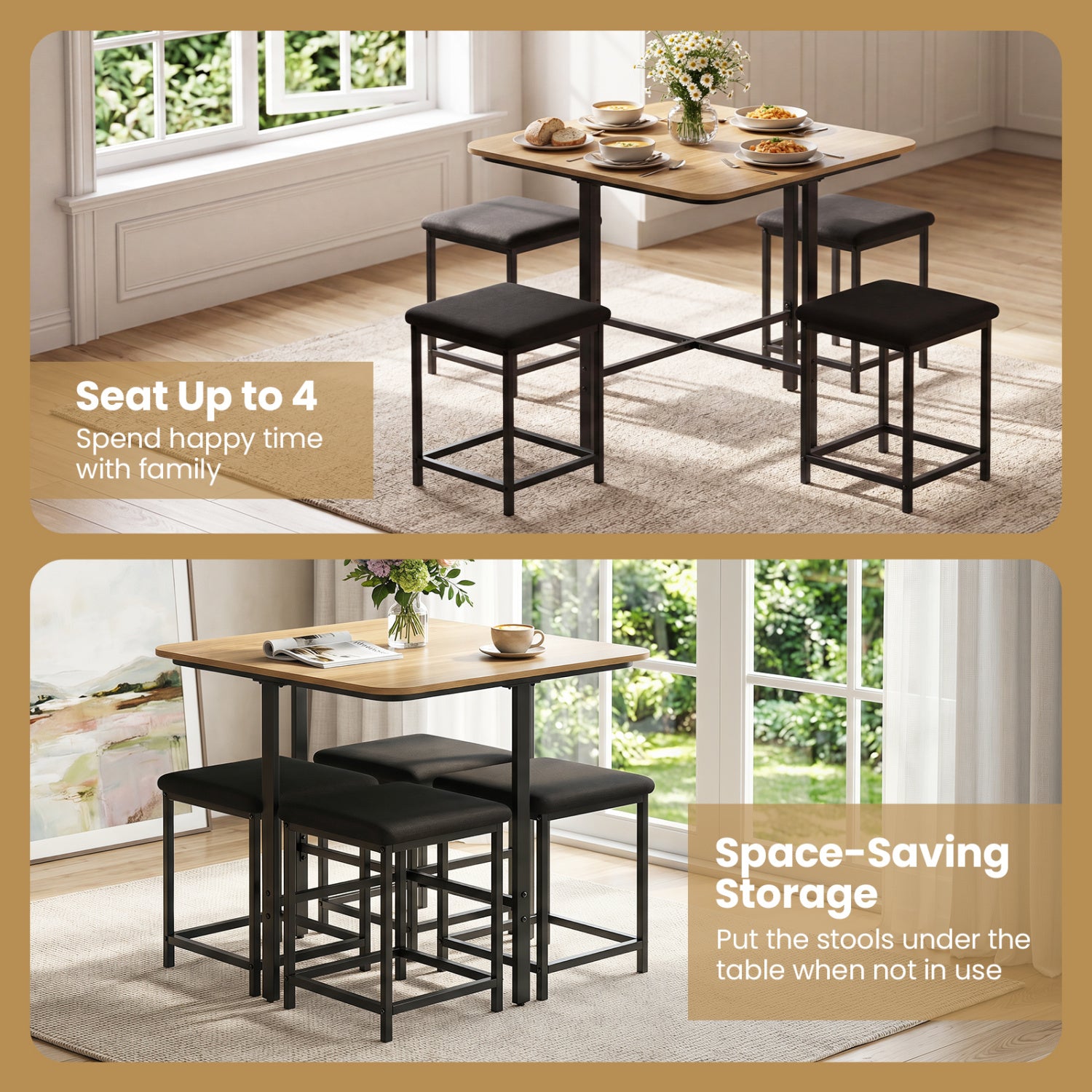 Dining Table Set with 4 Upholstered Stools and Metal Frame-Natural