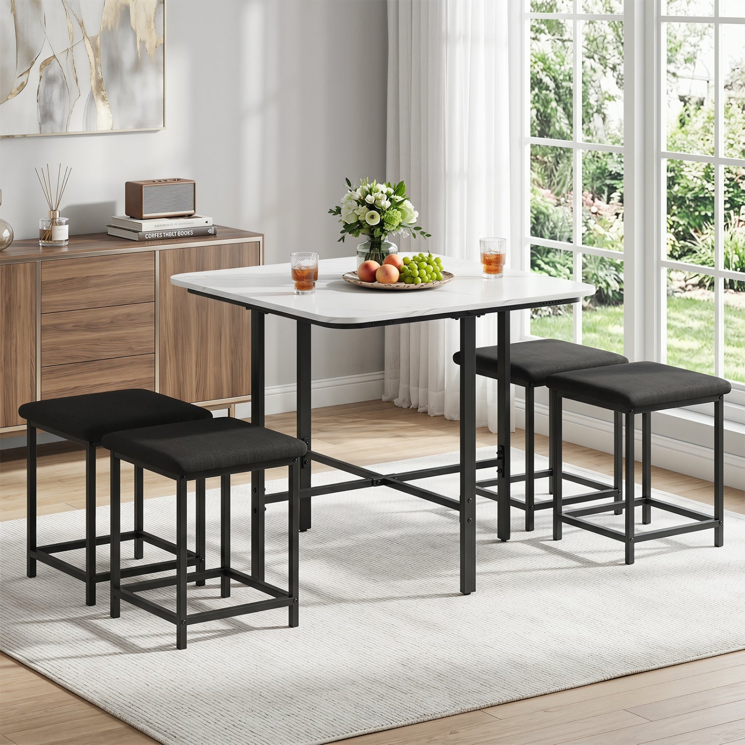 Dining Table Set with 4 Upholstered Stools and Metal Frame-White