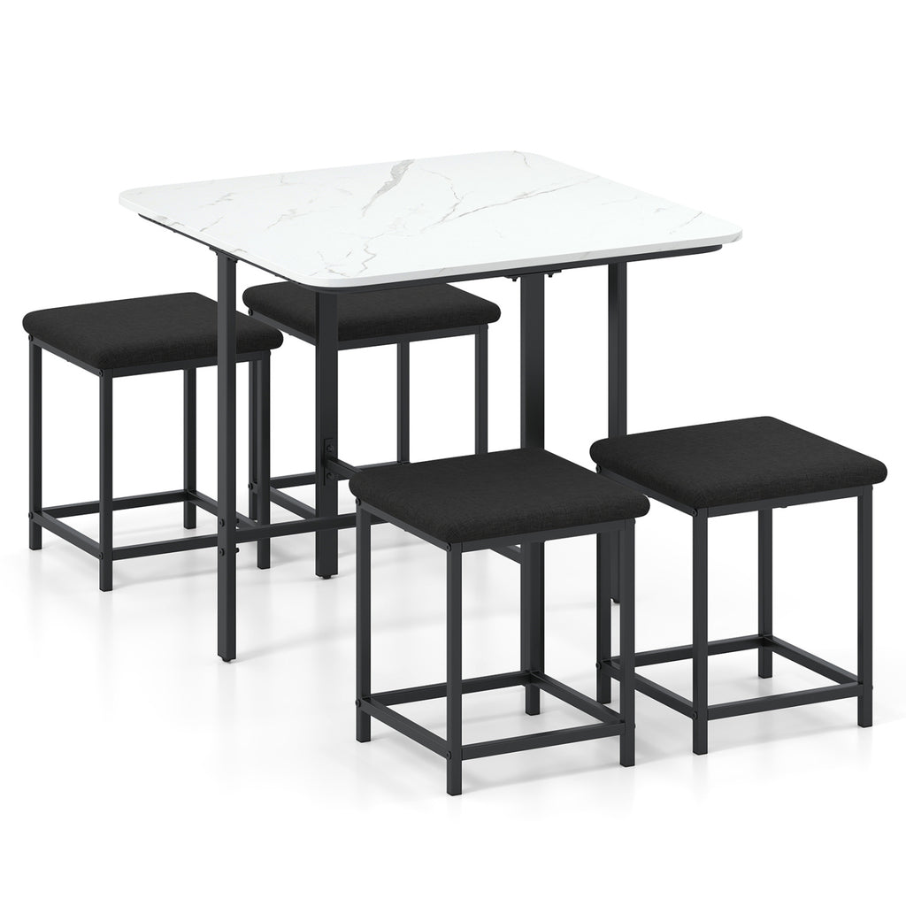 Dining Table Set with 4 Upholstered Stools and Metal Frame-White