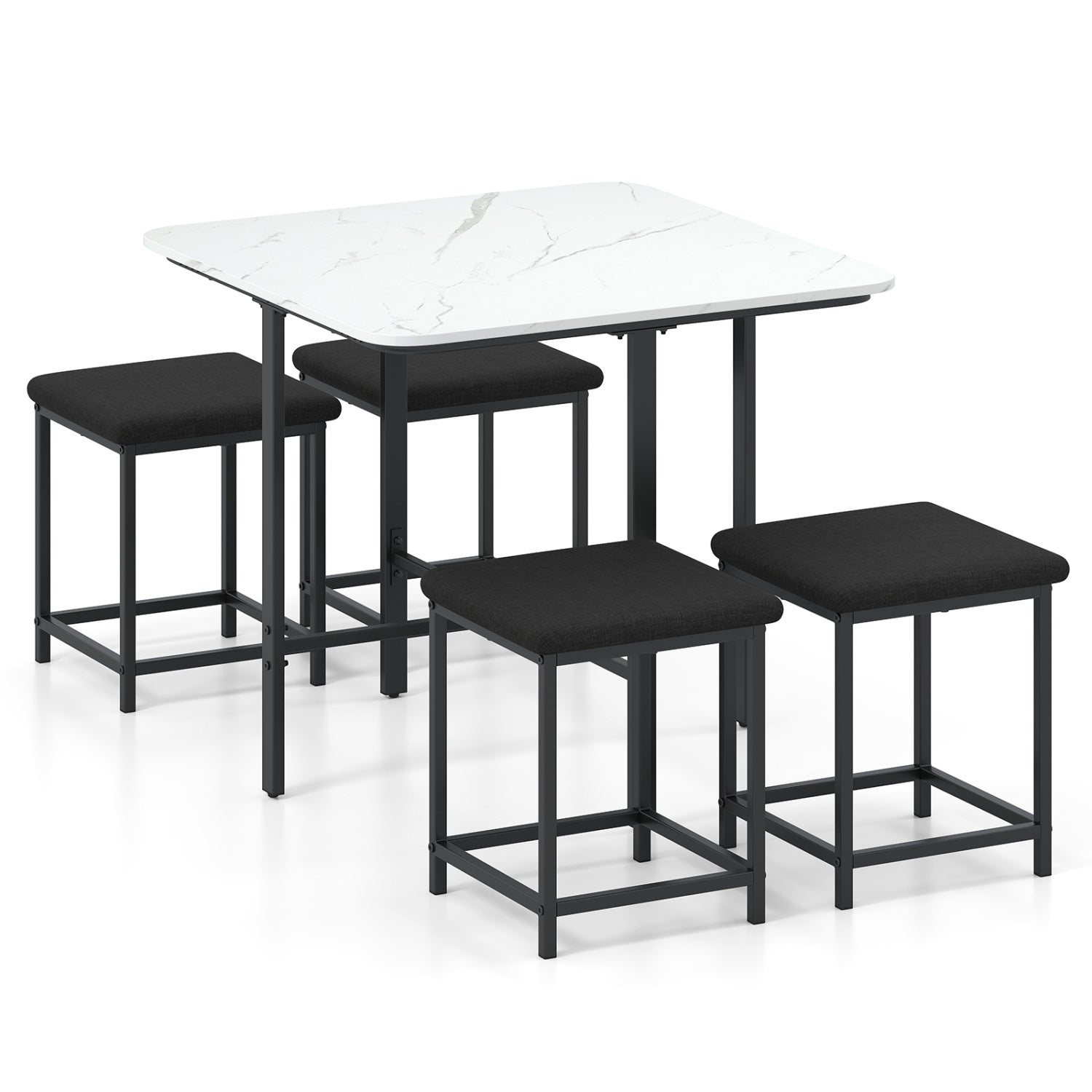 Dining Table Set with 4 Upholstered Stools and Metal Frame-White