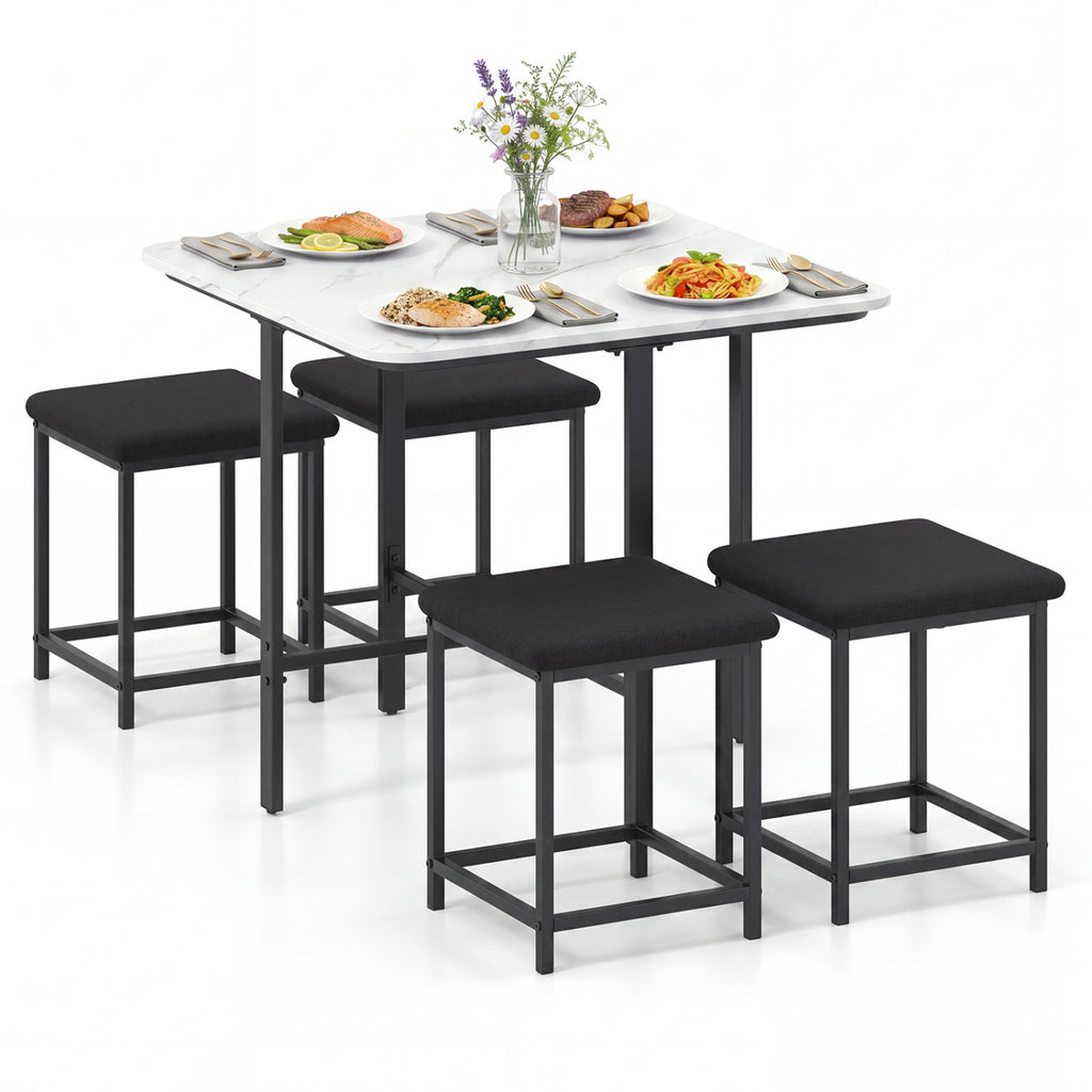 Dining Table Set with 4 Upholstered Stools and Metal Frame-White