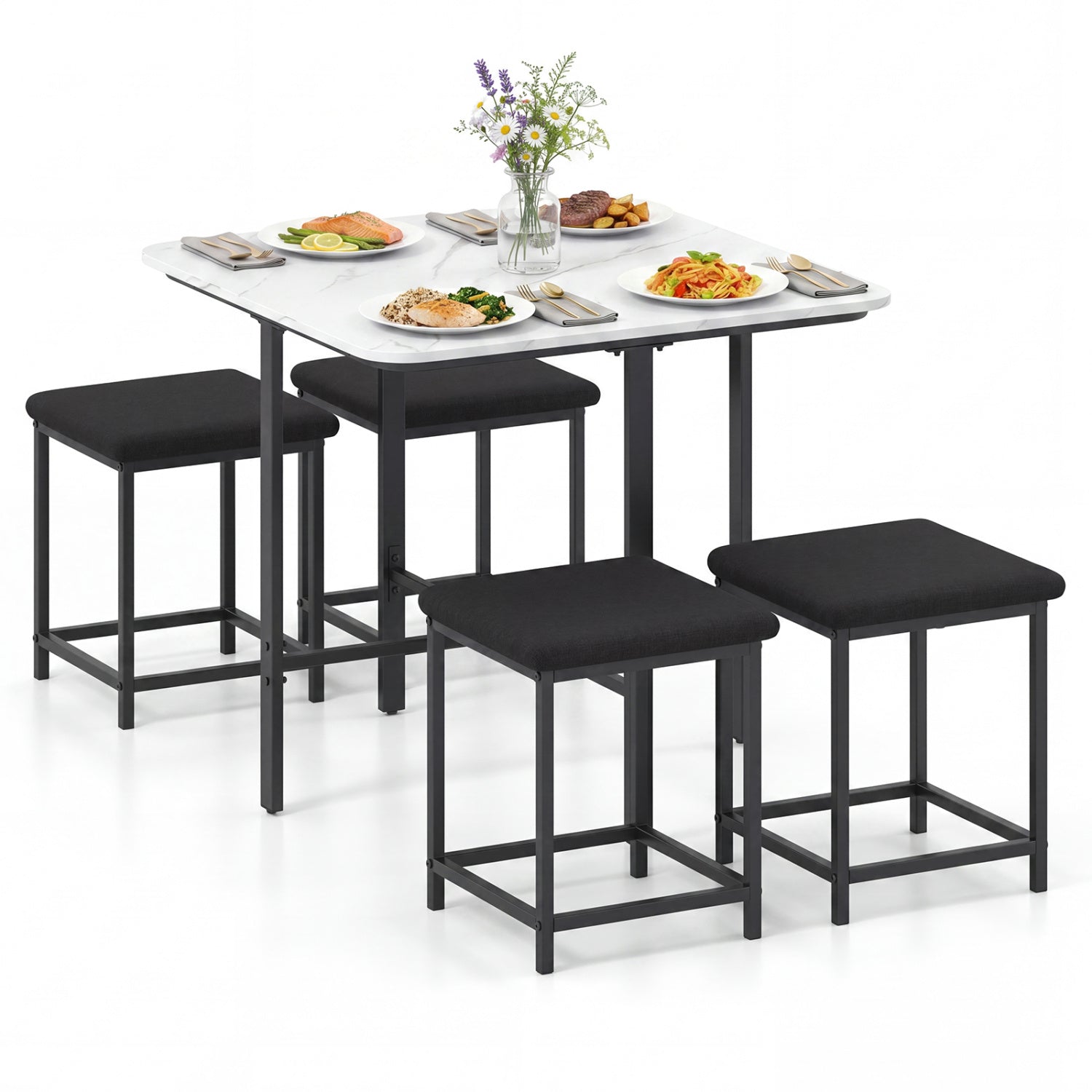 Dining Table Set with 4 Upholstered Stools and Metal Frame-White
