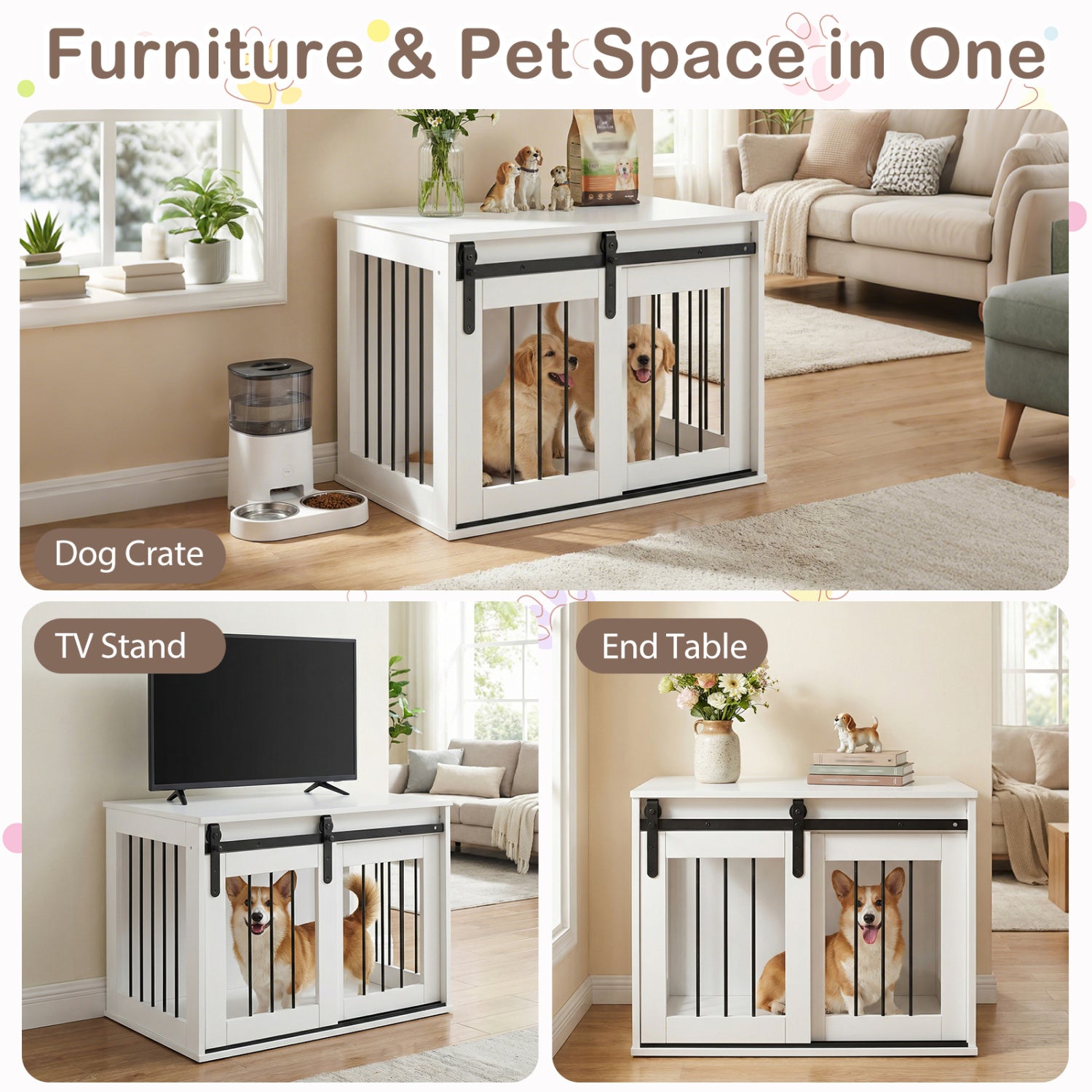 Dog Crate Furniture Heavy Duty Dog Kennel with Sliding Barn Door-White