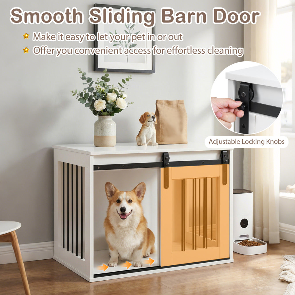Dog Crate Furniture Heavy Duty Dog Kennel with Sliding Barn Door-White