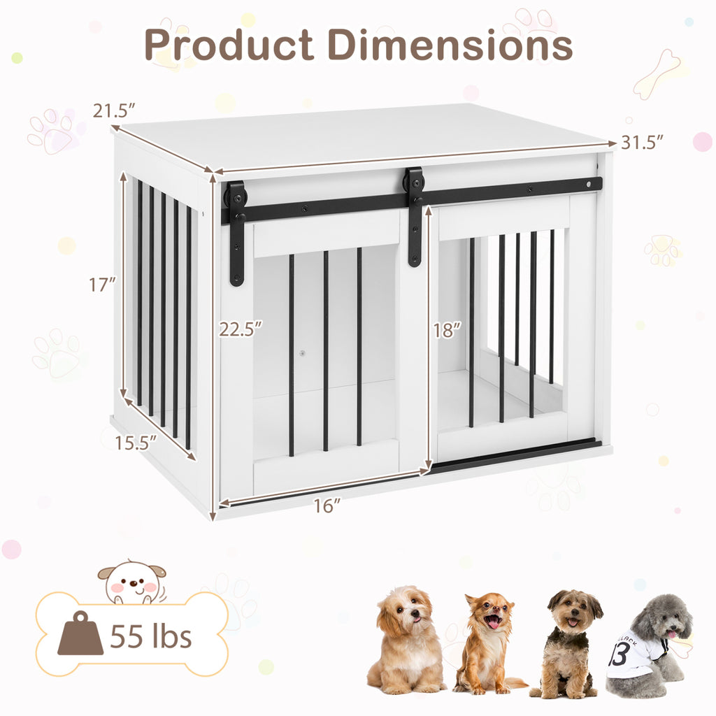 Dog Crate Furniture Heavy Duty Dog Kennel with Sliding Barn Door-White