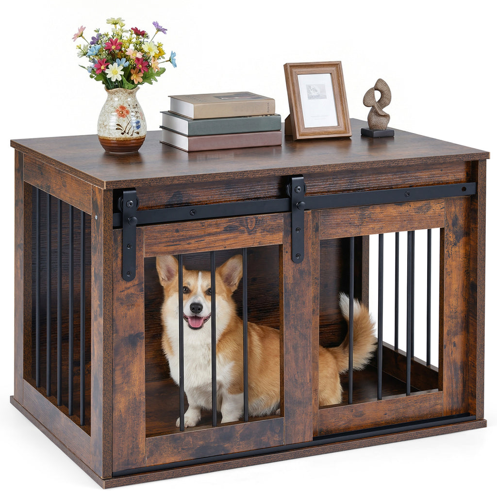 Dog Crate Furniture Heavy Duty Dog Kennel with Sliding Barn Door-RusticBrown