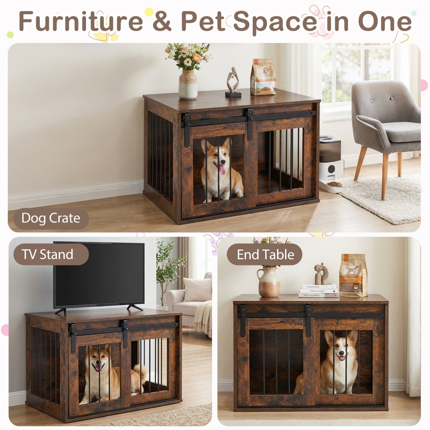 Dog Crate Furniture Heavy Duty Dog Kennel with Sliding Barn Door-RusticBrown