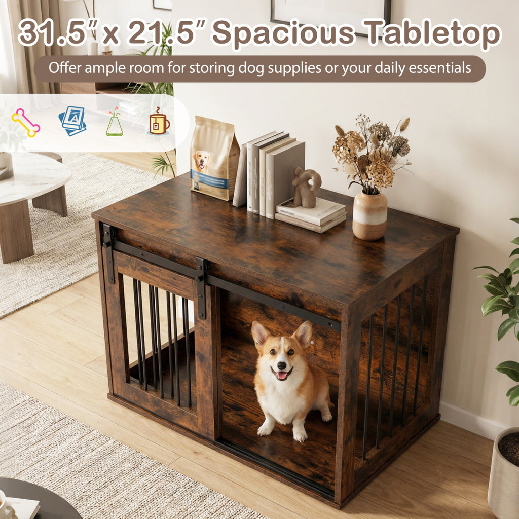 Dog Crate Furniture Heavy Duty Dog Kennel with Sliding Barn Door-RusticBrown