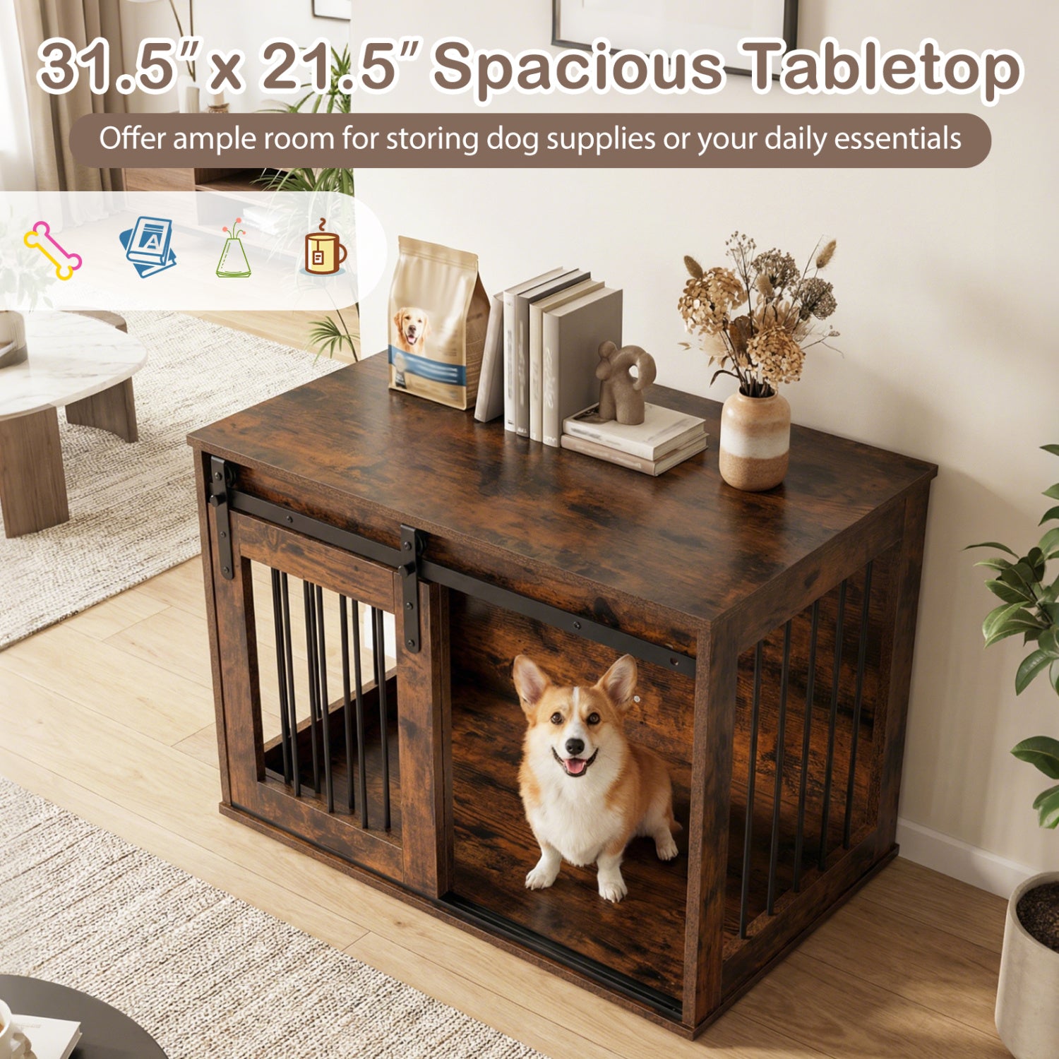 Dog Crate Furniture Heavy Duty Dog Kennel with Sliding Barn Door-RusticBrown
