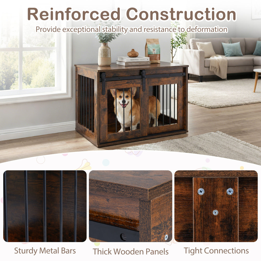 Dog Crate Furniture Heavy Duty Dog Kennel with Sliding Barn Door-RusticBrown
