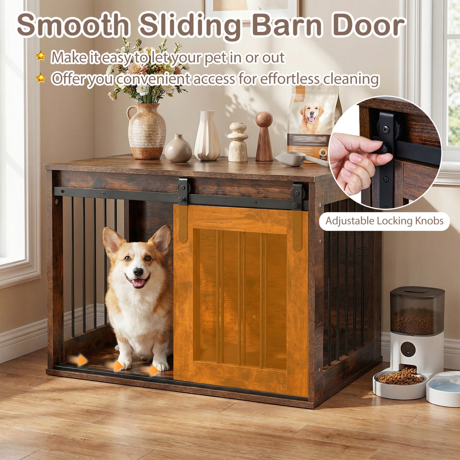 Dog Crate Furniture Heavy Duty Dog Kennel with Sliding Barn Door-RusticBrown