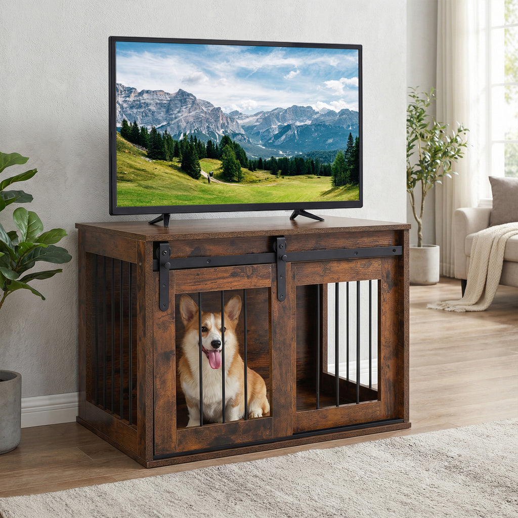 Dog Crate Furniture Heavy Duty Dog Kennel with Sliding Barn Door-RusticBrown