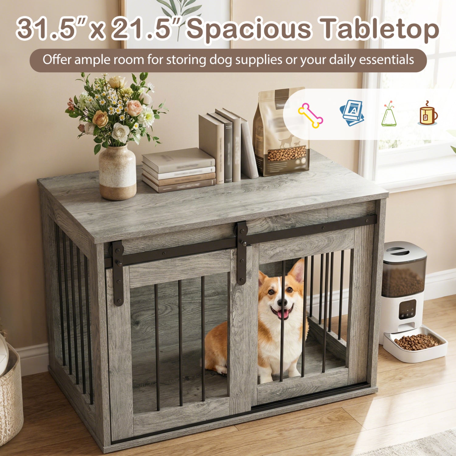 Dog Crate Furniture Heavy Duty Dog Kennel with Sliding Barn Door-Gray