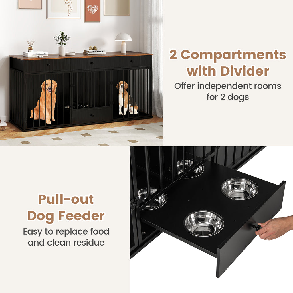 Dog Crate Furniture Indoor Modern Dog Kennel with Divider 3 Drawers and Pull-out Feeder-Black
