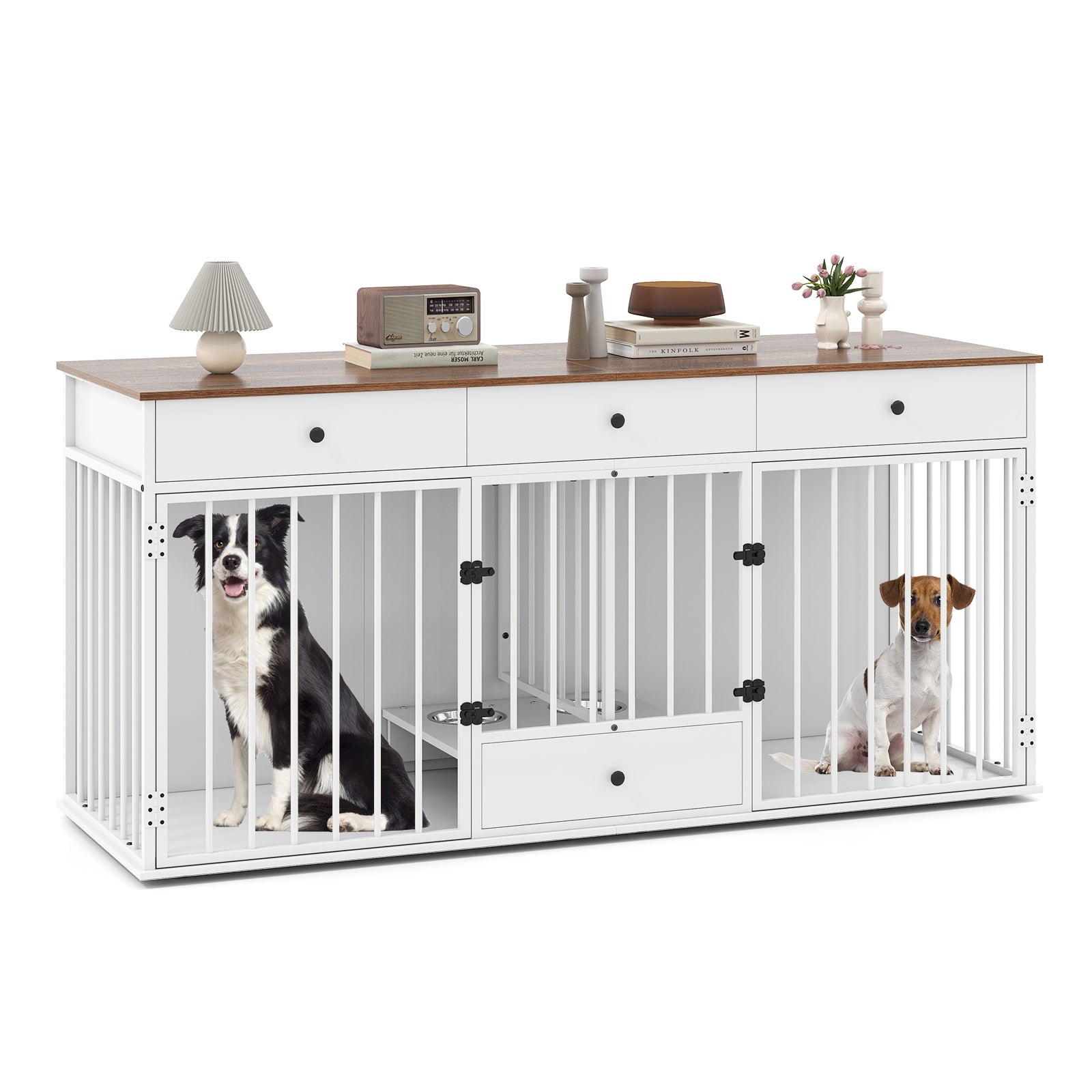 Dog Crate Furniture Indoor Modern Dog Kennel with Divider 3 Drawers and Pull-out Feeder-White
