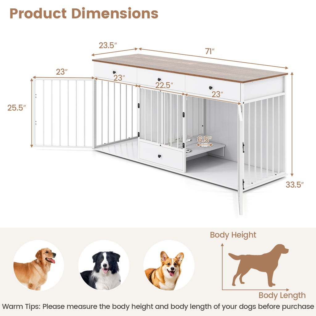 Dog Crate Furniture Indoor Modern Dog Kennel with Divider 3 Drawers and Pull-out Feeder-White