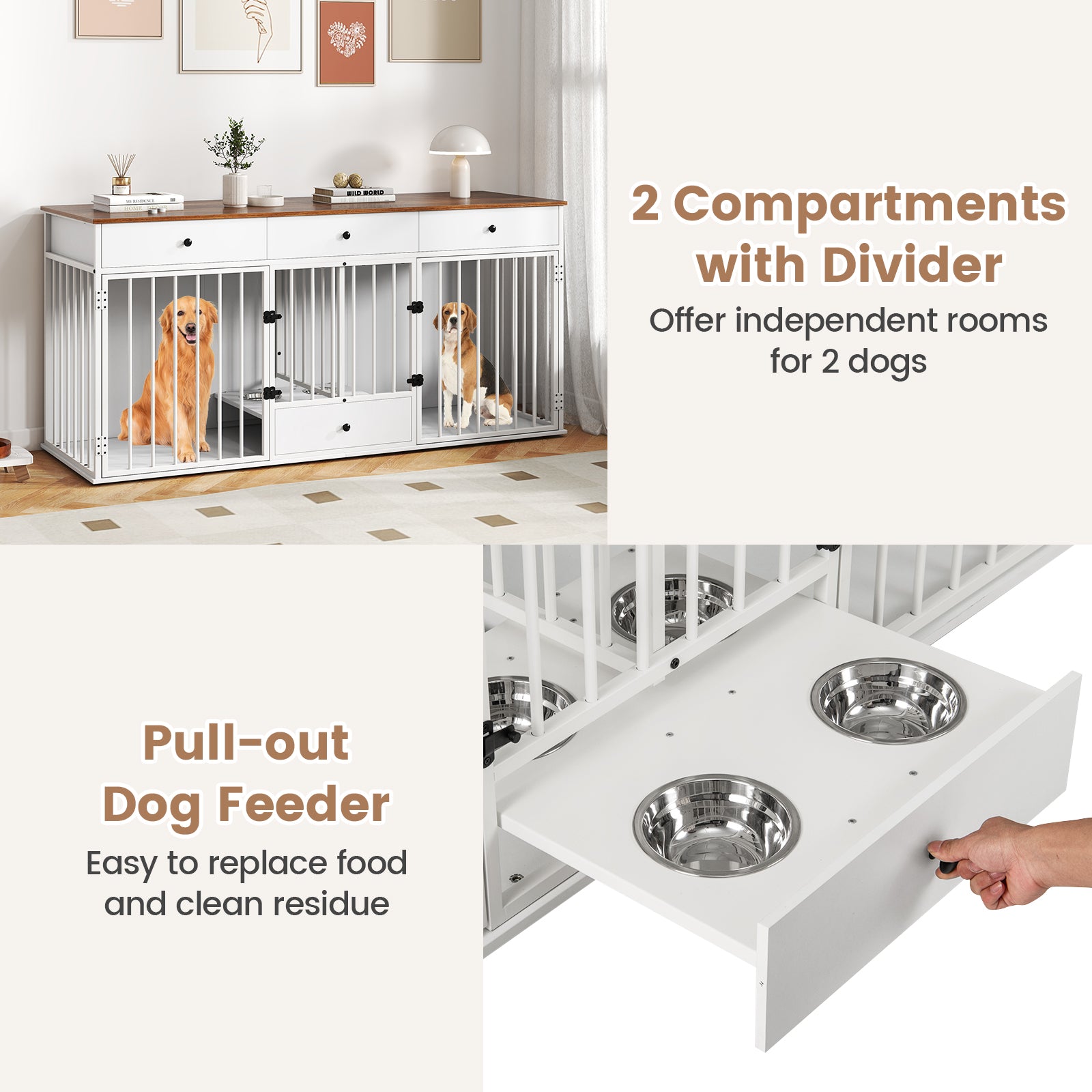 Dog Crate Furniture Indoor Modern Dog Kennel with Divider 3 Drawers and Pull-out Feeder-White