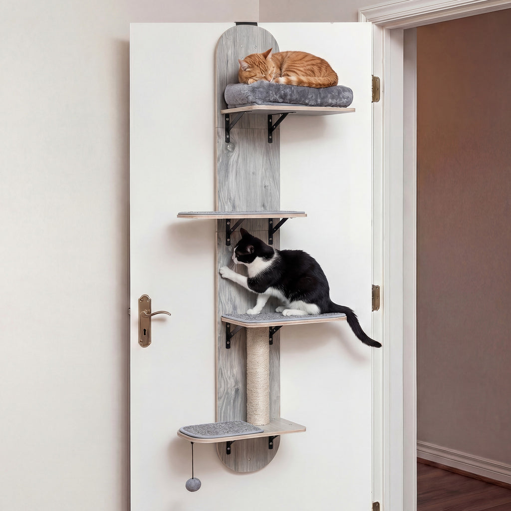 Door Hanging Cat Climber 4-level Height Adjustable with Plush Bed-Gray